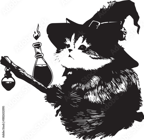 Whimsical Feline Sorcerer: A charming black and white illustration of a cat wearing a witch's hat, delicately holding potions, exudes an air of magic and enchantment.