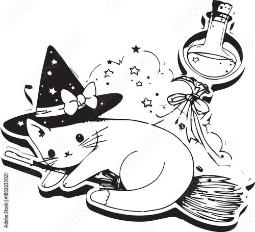 Mystical Cat: A whimsical illustration of a cat adorned with a witch's hat, accompanied by a potion bottle and a magic wand, all set against a starry backdrop, perfect for enchanting designs.