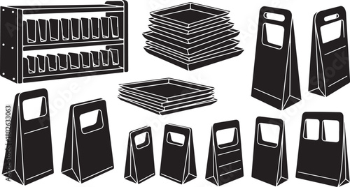 Black and white illustration of various barricades and signs