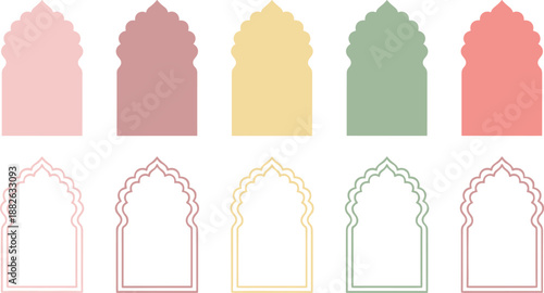 Islamic arch window frames set, pastel mihrab shapes, mosque niche silhouettes, decorative vector templates for Ramadan Eid design background illustration