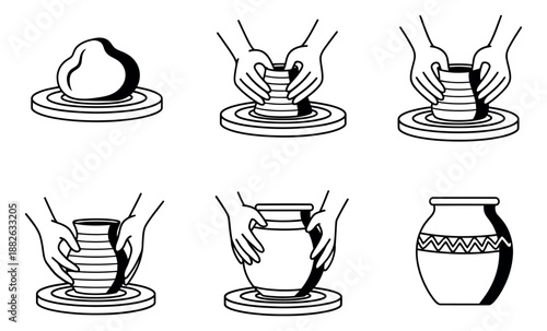 Hand drawn line art pottery process set featuring the steps of making a clay pot for crafting education