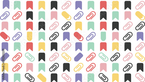 Colorful bookmark and paper clip pattern, flat pastel icons background, minimal vector illustration, modern stationery design elements set