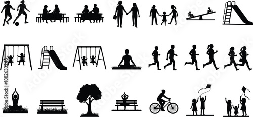 People activity silhouettes in park scene, family leisure, children playing, fitness, recreation icons, black vector illustration isolated on white