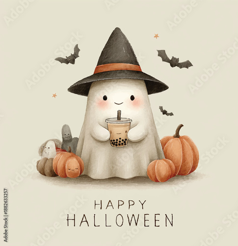 Ghostly Halloween Delight: A charming, friendly ghost with a whimsical witch hat, holding a refreshing boba drink, surrounded by festive pumpkins and playful bats.