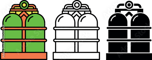 Three industrial gas storage tanks in green black and white with orange accents 1