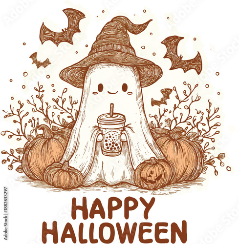 Happy Halloween Celebration: A cute ghost figure, adorned with a witch hat, happily sips a beverage, surrounded by pumpkins and bats. The scene captures the festive spirit of Halloween.