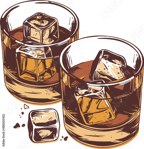Whiskey on the Rocks: Two glasses of amber-hued whiskey gleam, each holding a singular ice cube, symbolizing refreshment and sophistication. The overall image gives warmth and class.