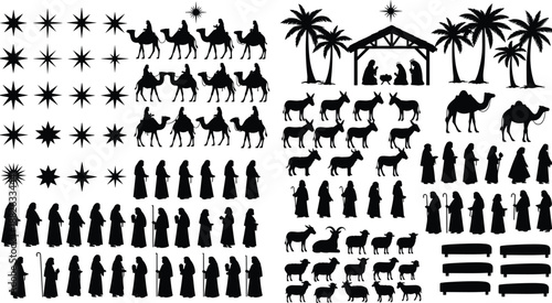 Nativity scene silhouettes collection with wise men, shepherds, animals and Bethlehem elements, Christmas religious icons, black vector illustration isolated on white