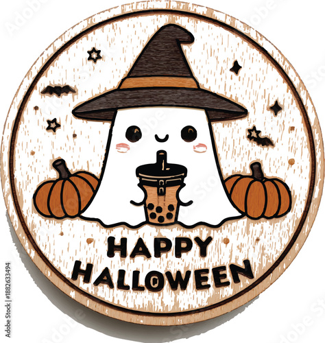 Spooky Treat: A whimsical ghost in a witch hat enjoys a refreshing beverage amid the cheerful pumpkins, bats, and stars. The scene is set with a playful tone to celebrate Halloween.