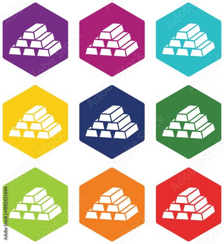 Colorful gold bar hexagon icons set, financial wealth symbols, investment concept, luxury assets, business finance illustration, modern flat design