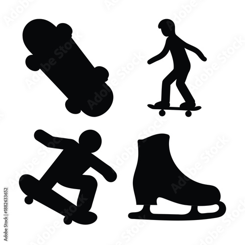 Silhouettes of skateboarding figures and an ice skate, representing various board and ice sports