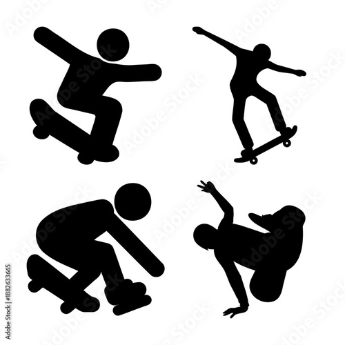 Dynamic silhouettes illustrating various skateboarder movements and stunts on a white background