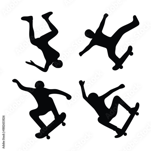 Dynamic collection of skateboarder silhouettes capturing various action poses and tricks