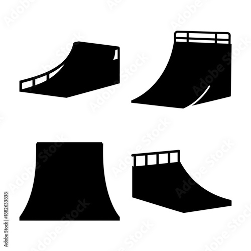 Collection of minimalist black silhouette skate ramp designs for extreme sports and recreation