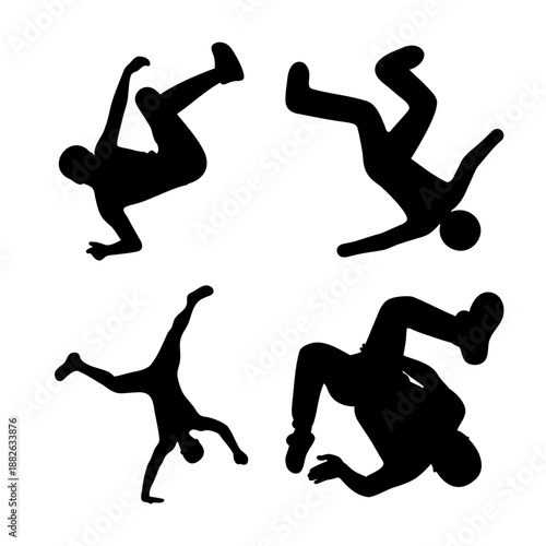 Dynamic silhouettes of breakdancers performing acrobatic and hip-hop moves
