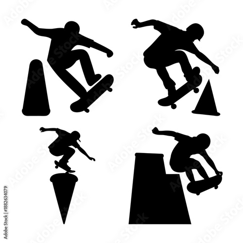 Dynamic skateboarder silhouettes performing various tricks and stunts with obstacles
