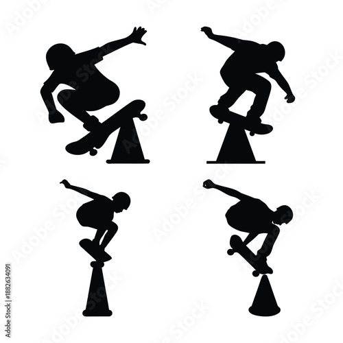 Dynamic black silhouettes of skateboarders performing impressive tricks with cones
