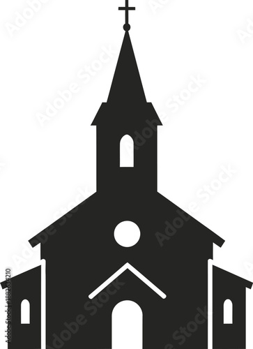 Simple black silhouette of a church building with a steeple and cross.
