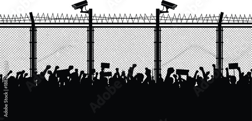 Protest crowd behind security fence with surveillance cameras silhouette, control and restriction concept, civil unrest and authority tension, freedom and security conflict illustration