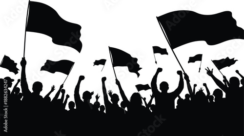 Protest crowd waving flags silhouette, freedom and unity demonstration, social movement and people power concept, activism and revolution scene, black and white illustration