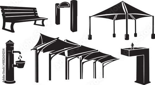 Park and outdoor furniture icons in black and white