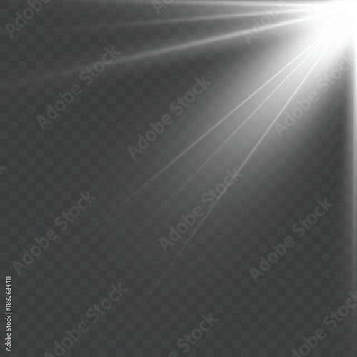 Realistic White Sun Ray Light Beam from Corner Overlay. Vector