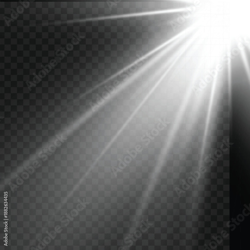 Realistic White Sun Ray Light Beam from Corner Overlay. Vector