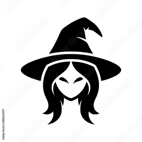 Beautiful Witch Silhouette Vector Icon with Pointed Hat Flat Design