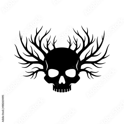 Skull Silhouette Vector Icon with Tree Branch Antlers Minimalist Style