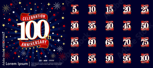 Set of elegant anniversary celebration logo with red ribbons, gold stars on starburst dark blue background