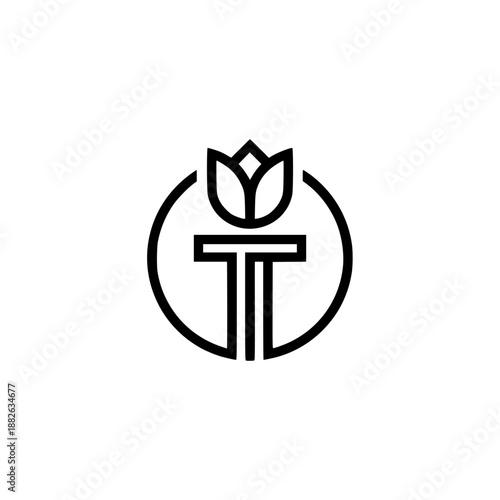 A modern vector logo design combining the letter T with a flower bud icon on top, framed within a clean circle.