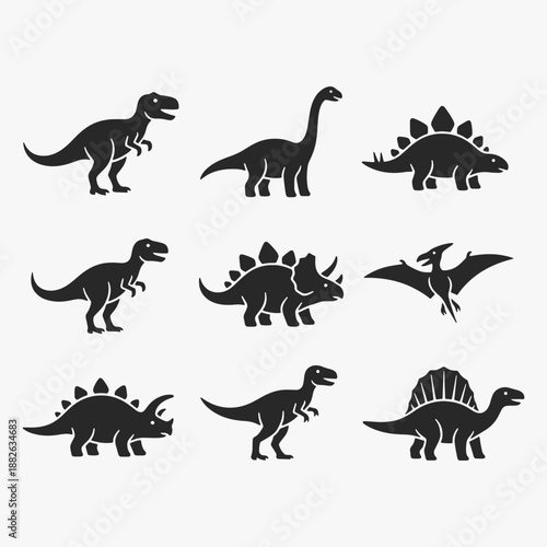 A set of dinosaur drawings. The drawings include a T. rex, a Triceratops, a Stegosaurus, a Velociraptor, and a Pterodactyl.