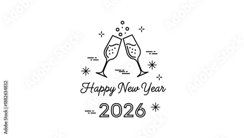 Happy New Year 2026 Toasting Champagne Glasses with Bubbles and Stars