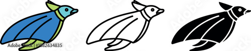 Three stylized penguins in blue, white, and black with different color patterns birds 1