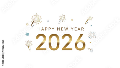 Happy New Year 2026 gold text with fireworks and stars on white background