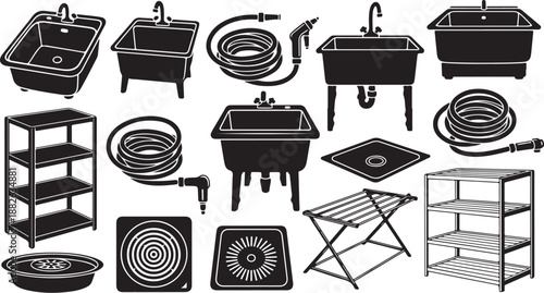 Plumbing and bathroom fixtures icons set in black outline