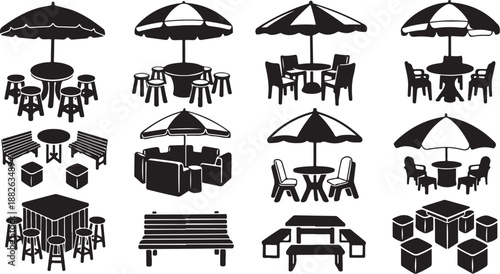 Outdoor Furniture and Umbrella Vector Icons Set for Design