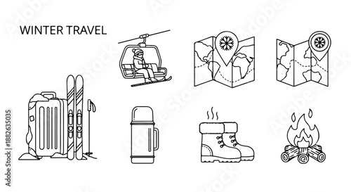 Set of Minimalist Winter Travel and Ski Resort Line Art Icons for Outdoor Adventure