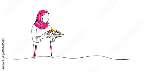 Line art illustration of a Muslim woman wearing hijab holding a plate of food.
Hand drawn artwork symbolizing Ramadan hospitality, iftar meal, sharing food, and Islamic tradition.