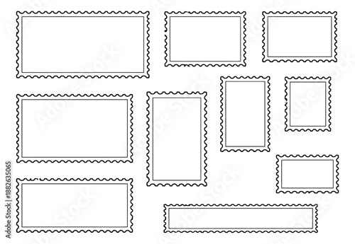 Hand drawn line art postage stamp frames set featuring various empty frames for creative design
