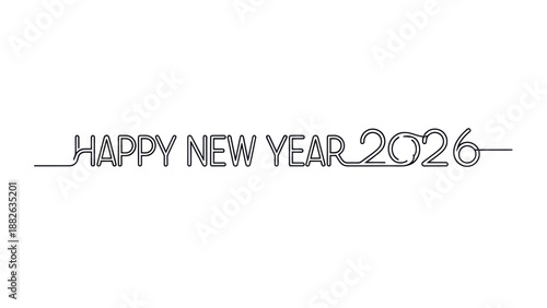 Happy New Year 2026 continuous line art text, elegant minimalist celebration graphic