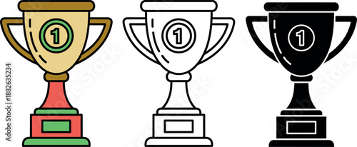 Three trophy cups with number one badges in different colors first place competition 1