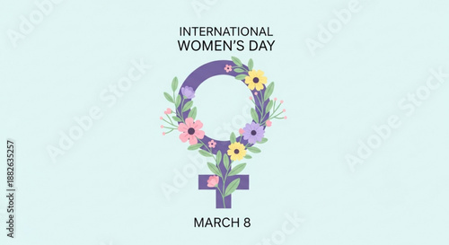 International women's day symbol with floral wreath on light blue background march 8th celebration