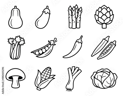 Hand drawn line art vegetable icon set featuring fresh produce for healthy eating and cooking concepts
