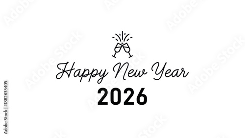 Happy New Year 2026 text with champagne glasses and fireworks icon