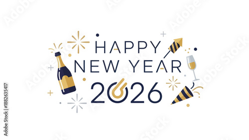 Happy New Year 2026 Celebration with Champagne and Fireworks