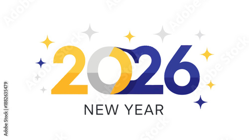 Happy New Year 2026 text with stars and sparkles on white background