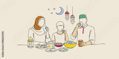 Line art illustration of a family breaking fast together during Ramadan. Hand drawn artwork representing togetherness, iftar moment, Islamic values, and warm family atmosphere.