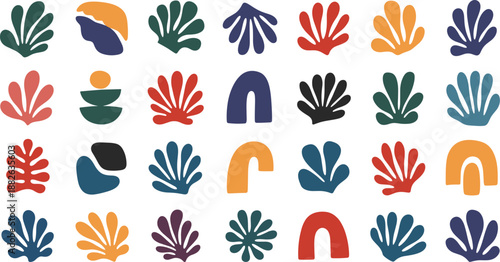 Abstract boho organic shapes vector collection with modern arches, leaves, decorative forms, and colorful minimalist flat elements