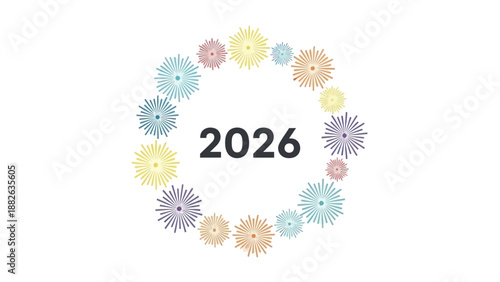 Happy New Year 2026 with colorful fireworks circle on white background